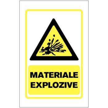 Indicator de avertizare: Materiale explozive, Dimensiuni 200 x 300 mm. Suport PVC fexibil grosime 1 mm sau folie adeziva din PVC