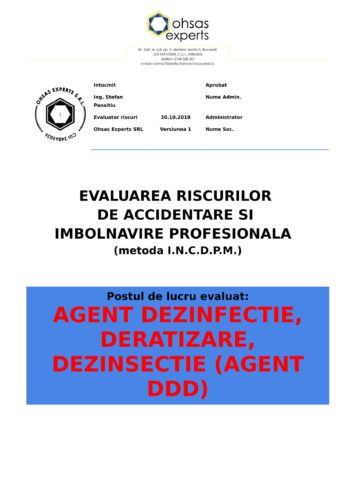 Evaluare riscuri SSM Agent Dezinfectie, Deratizare, Dezinsectie (Agent DDD)