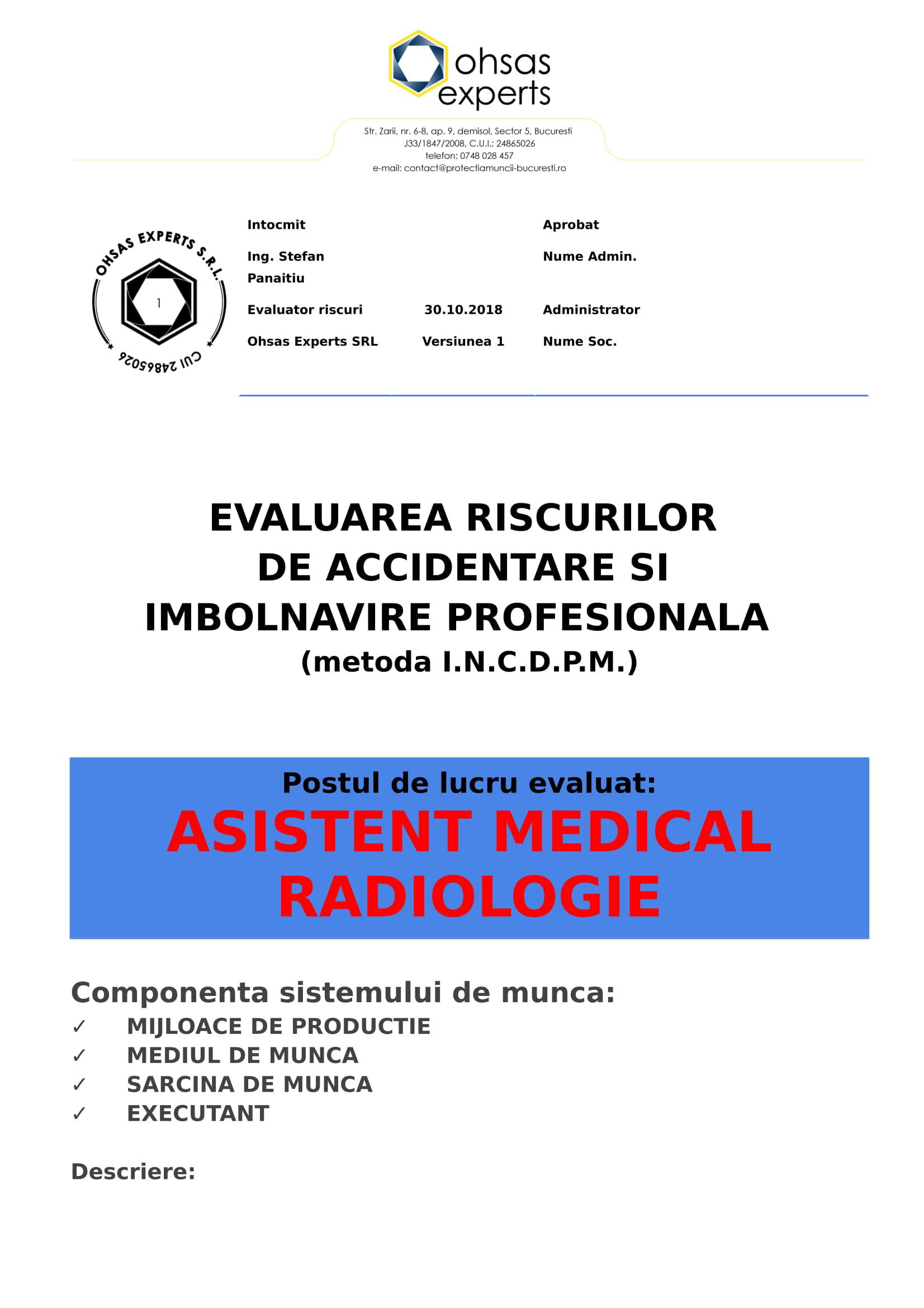 Evaluarea riscurilor de accidentare si imbolnavire profesionala Asistent Medical Radiologie