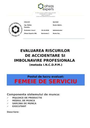 Evaluarea riscurilor de accidentare si imbolnavire profesionala femeie de serviciu
