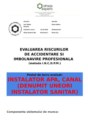 Evaluare riscuri SSM Instalator Apa, Canal (denumit uneori Instalator Sanitar)