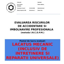 Evaluarea riscurilor de accidentare si imbolnavire profesionala Lacatus Mecanic inclusiv de Intretinere si Reparatii Universale
