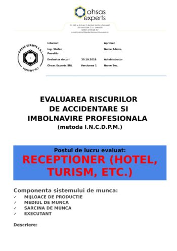 Evaluare riscuri SSM Receptioner Hotel, Turism
