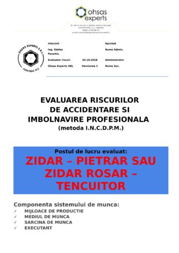 Evaluare riscuri SSM Zidar – Pietrar sau Zidar Rosar – Tencuitor
